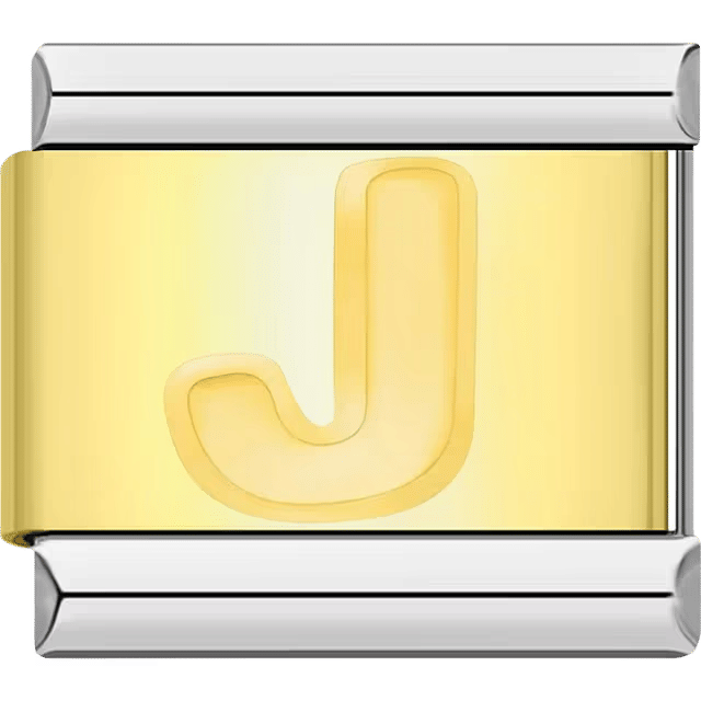 Gold Italian charm link with a raised letter "J" on a polished gold surface and silver edges.